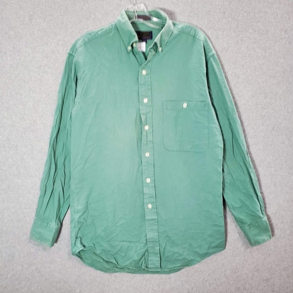 VINTAGE CHAPS Ralph Lauren Men Button Up Shirt 33 Green Linen Blend Pocket‎